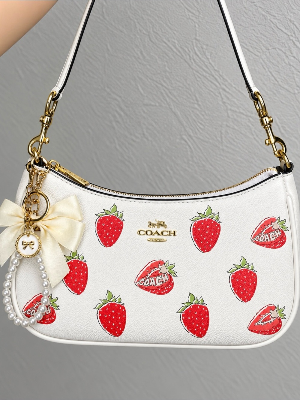 Coach White Leather Shoulder Bag with Red Strawberry Print
